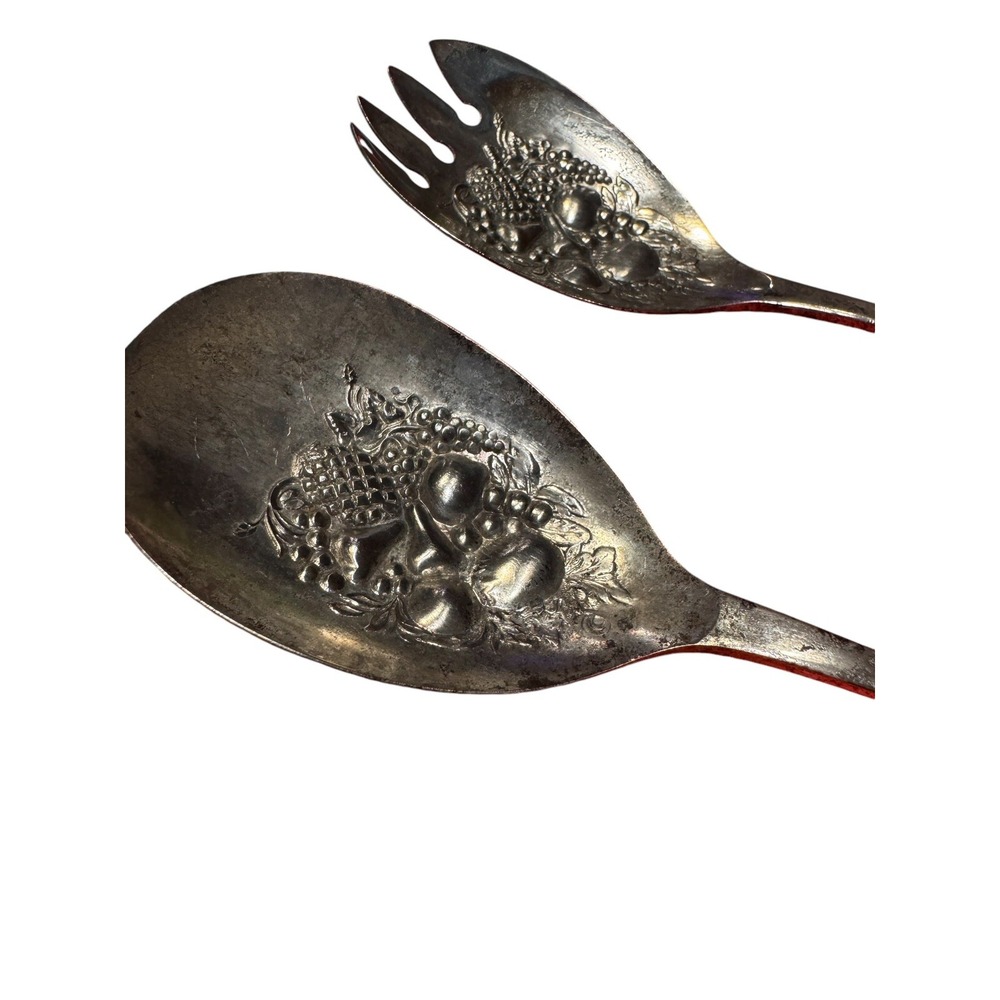 VTG Salad Serving Spoons Spork and Spoon Set Embossed Repousse England EPNS